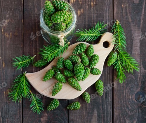 Preview: Young green fir cones on the wooden background. For making medicinal infusion.
