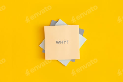Preview: Mock up sticky notes with word WHY on yellow background. Question mark.