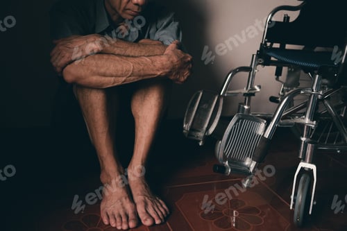 Preview: Lonely disabled man and wheelchair in the house.