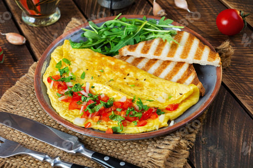 Preview: Fried omelette with tomatoes, onion and herbs. Delicious breakfast with eggs and toasts
