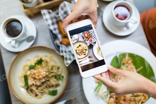 Preview: Cellphone taking photo on food from top view