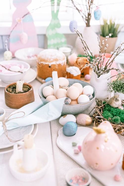 Preview: happy easter and spring holidays time. festive tablescape set decor. traditional dinner food easter