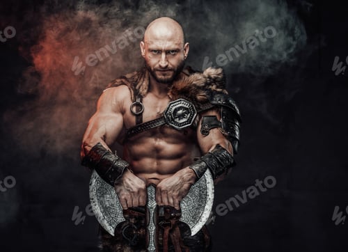 Preview: Dangerous bald scandinavian warrior with huge axe in smokey background