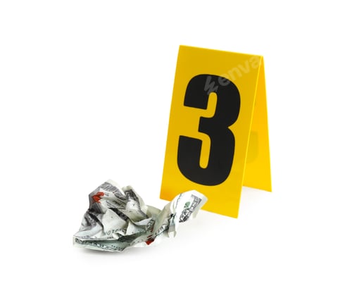 Preview: Bloody crumpled dollar and crime scene marker with number three isolated on white