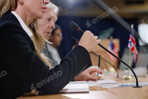 Preview: Woman speaking in microphone at conference