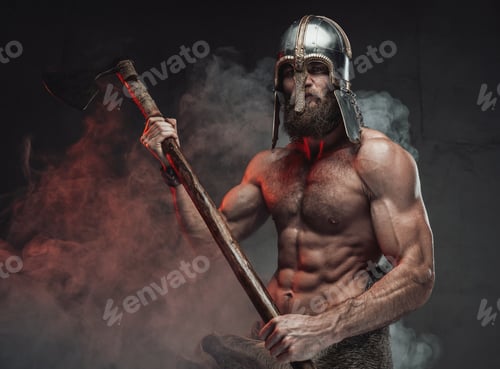 Preview: Nord fighter with axe in dark background with smoke
