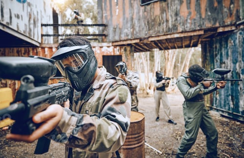 Preview: Paintball gun, team building and soldier group together for military, army and field training. Exer