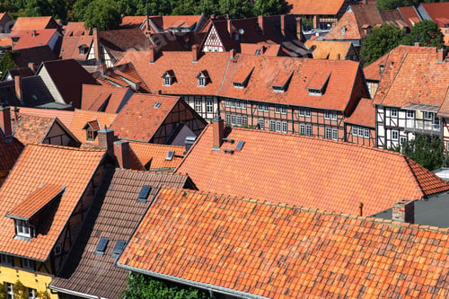 Preview: Scenic panoramic view traditional shingle tiled red rooftop old ancient medieval european german
