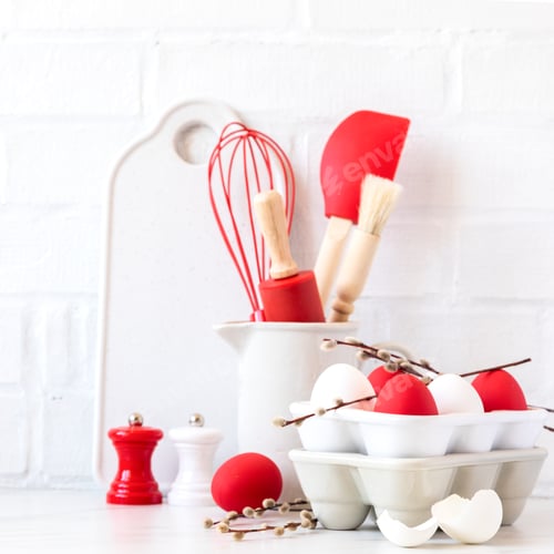 Preview: Easter Background for baking with ingredients for cooking. Traditional Easter decoration
