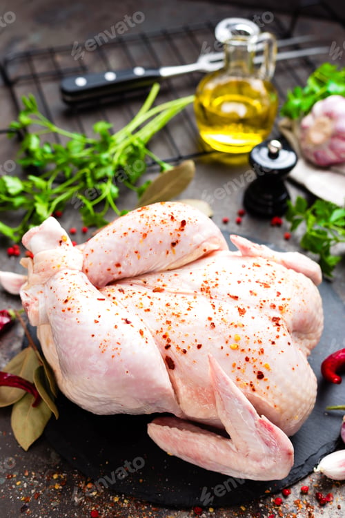 Preview: Raw chicken. Fresh whole chicken with ingredients for cooking