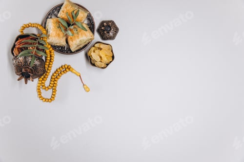 Preview: Traditional table for Ramadan. Set of diet food on old islamic tableware, top view, copy space.