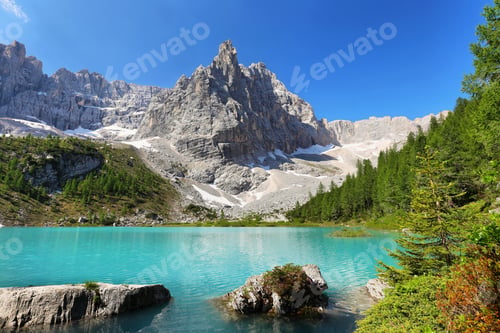 Preview: Turquoise Sorapis Lake with Dolomite Mountains, Italy, Europe