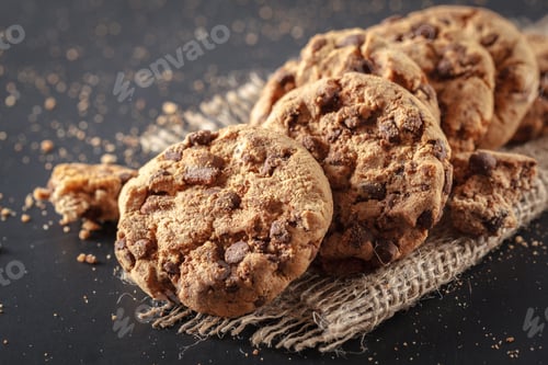 Preview: Chocolate Chip Cookies on Burlap with Dark Background