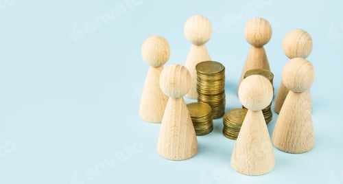 Preview: Business concept. Wooden figures of people standing around coins on a blue background. Business idea