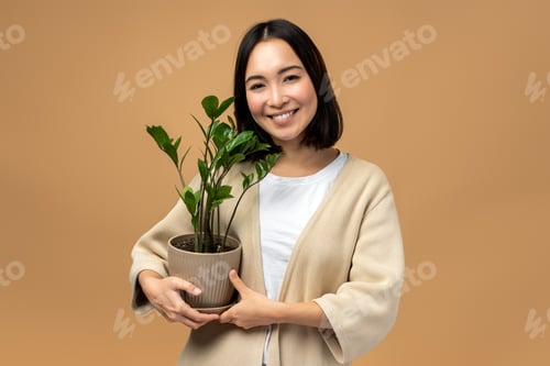 Preview: Woman in cozy outfit holding plant on beige background