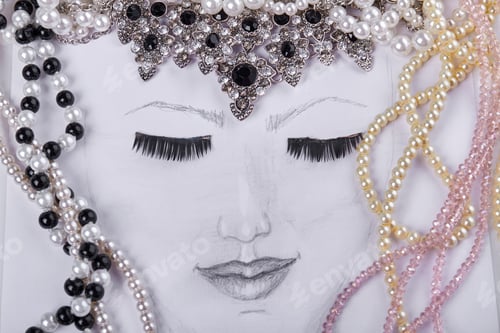 Preview: Close up hand drawn female face with closed eyes.