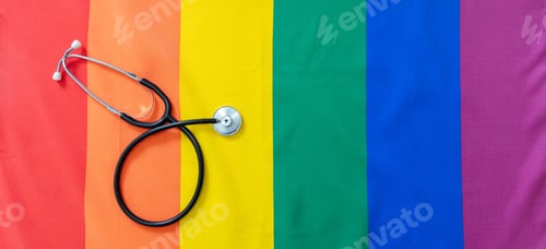 Preview: LGBT Health care. Medical Stethoscope on rainbow pride flag background, overhead view