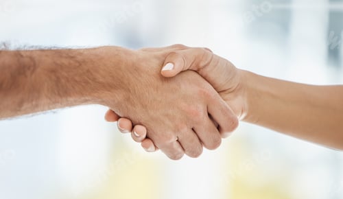 Preview: Businessman, woman and handshake in teamwork collaboration, b2b partnership or sales deal success i