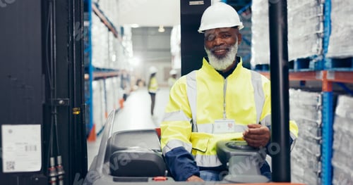 Preview: Black man, forklift and portrait for logistics, distribution and supply chain with inventory, stock