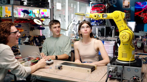 Preview: Three young happy engineers fixing an yellow robotic arm in the workshop, computer programming