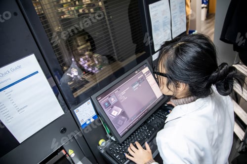 Preview: Woman working on a modern medical device with monitor and keyboard