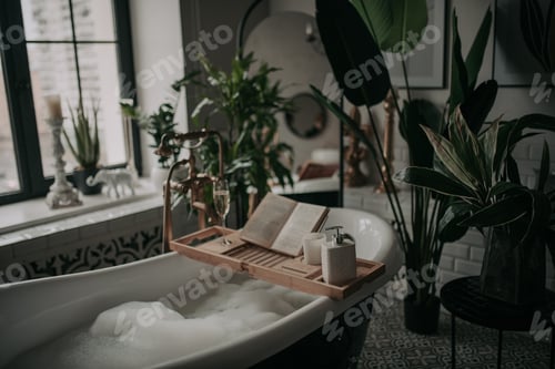 Preview: Luxurious interior bathroom in modern eco style with oval bathtub and book on bamboo wood tray