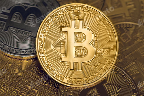 Preview: cryptocurrency golden coins - Bitcoin, Ethereum, Litecoin on the background of gold coins.