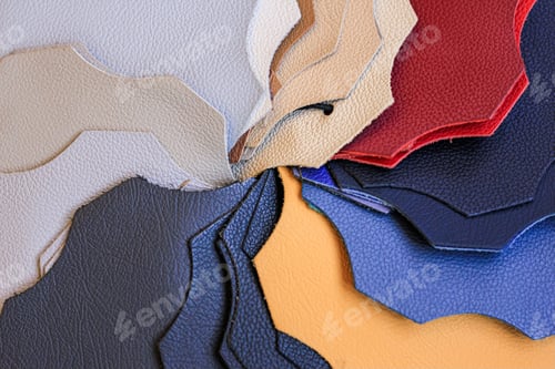 Preview: Samples of natural, textured, multi-colored leather. Top view. Industry fabric background.