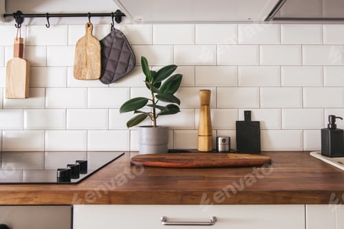Preview: Ficus in a modern kitchen with wood worktops and white tiles. White kitchen interior