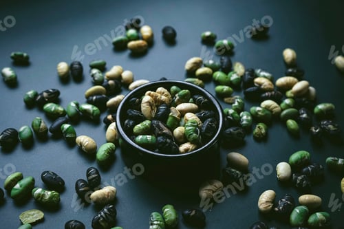 Preview: Elegant flat lay in dark tones of three color roasted edamame
