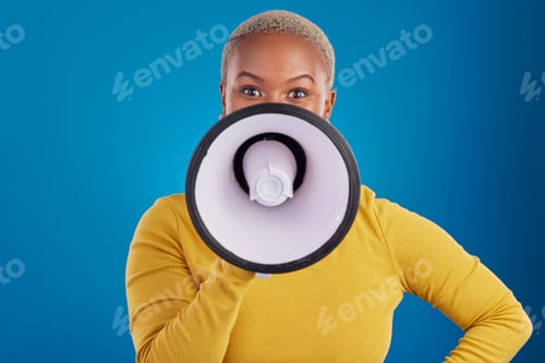 Preview: Megaphone, change and speaker with black woman in studio for awareness, democracy and opinion. Vote