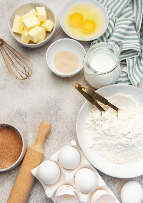 Preview: Baking ingredients preparing dough for homemade pastry