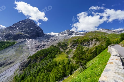Preview: Mountain landscape along the road to Stelvio pass at summer. Glacier