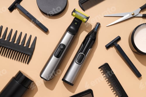 Preview: Men's shaving tools on beige background, top view