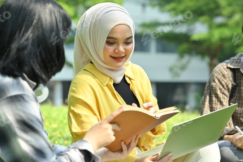 Preview: Group of university student discussing their home assignment, using laptop on green grass in campus.