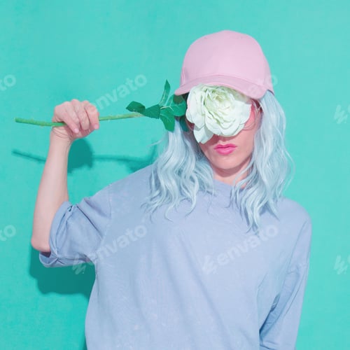 Preview: Stylish summer aesthetic girl with roses in trendy cap Vanilla Pastel colours design