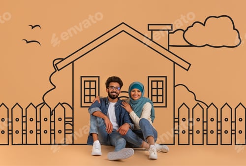 Preview: Eastern Couple Sitting in Front of Drawing of House