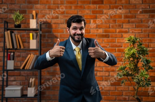 Preview: Smiling Indian businessman gives thumbs up while posing in office with brick wall background
