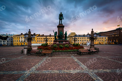 Preview: Garden And Statue Of Alexander Ii At Sunset, At Senaatintori, Senate Square In Helsinki, Finland.