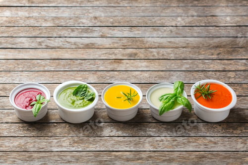 Preview: Set of seasonal fall autumn creamy soups on a table