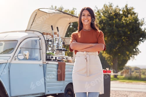 Preview: Portrait Of Woman Running Independent Mobile Coffee Shop Standing Outdoors Next To Van