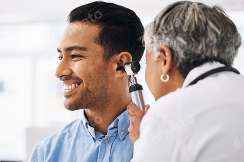 Preview: Doctor check patient ear, healthcare and medical consultation at hospital with otolaryngology speci