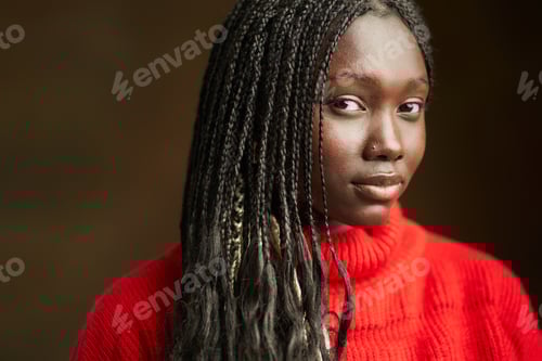Preview: Elegant Woman with Braids Wearing Red Sweater