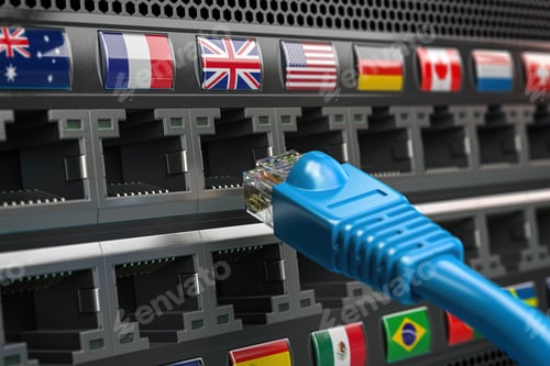 Preview: VPN virtual private network conncetion concept. Lan cable and a router with different flags.