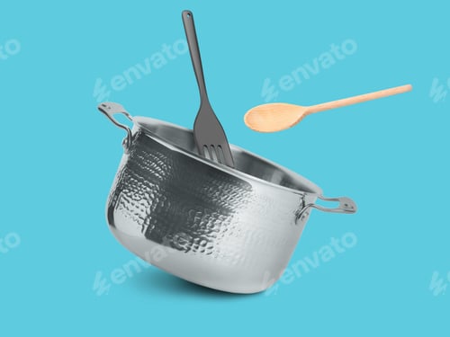 Preview: Pots and Cooking Utensils on a Blue Background