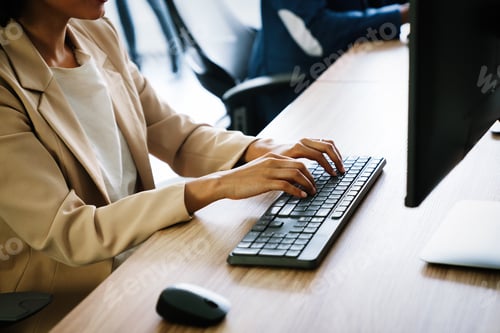 Preview: Successful happy woman working at office. Technology, computer, startup, business concept