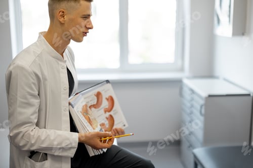 Preview: Doctor as gastroenterologist with a book in medical office