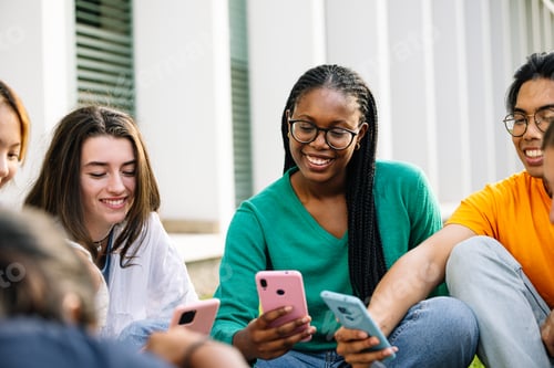 Preview: In the vibrant outdoors, friends are happily engaged with their smartphones, fostering connections