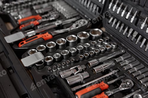 Preview: Tool box with kit of wrenches, screwdrivers and nuts for mechanic service