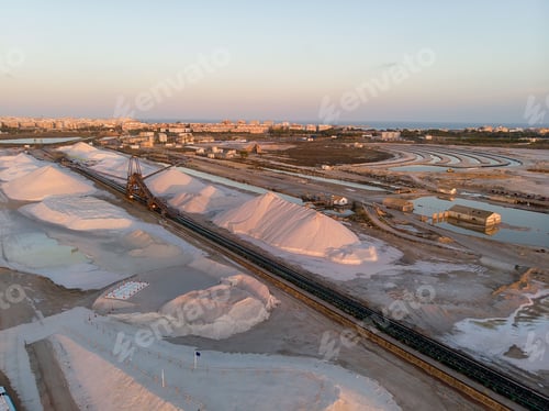 Preview: Aerial view of heap of salt at Las Salinas salt factory in Torrevieja, Spain during sunset